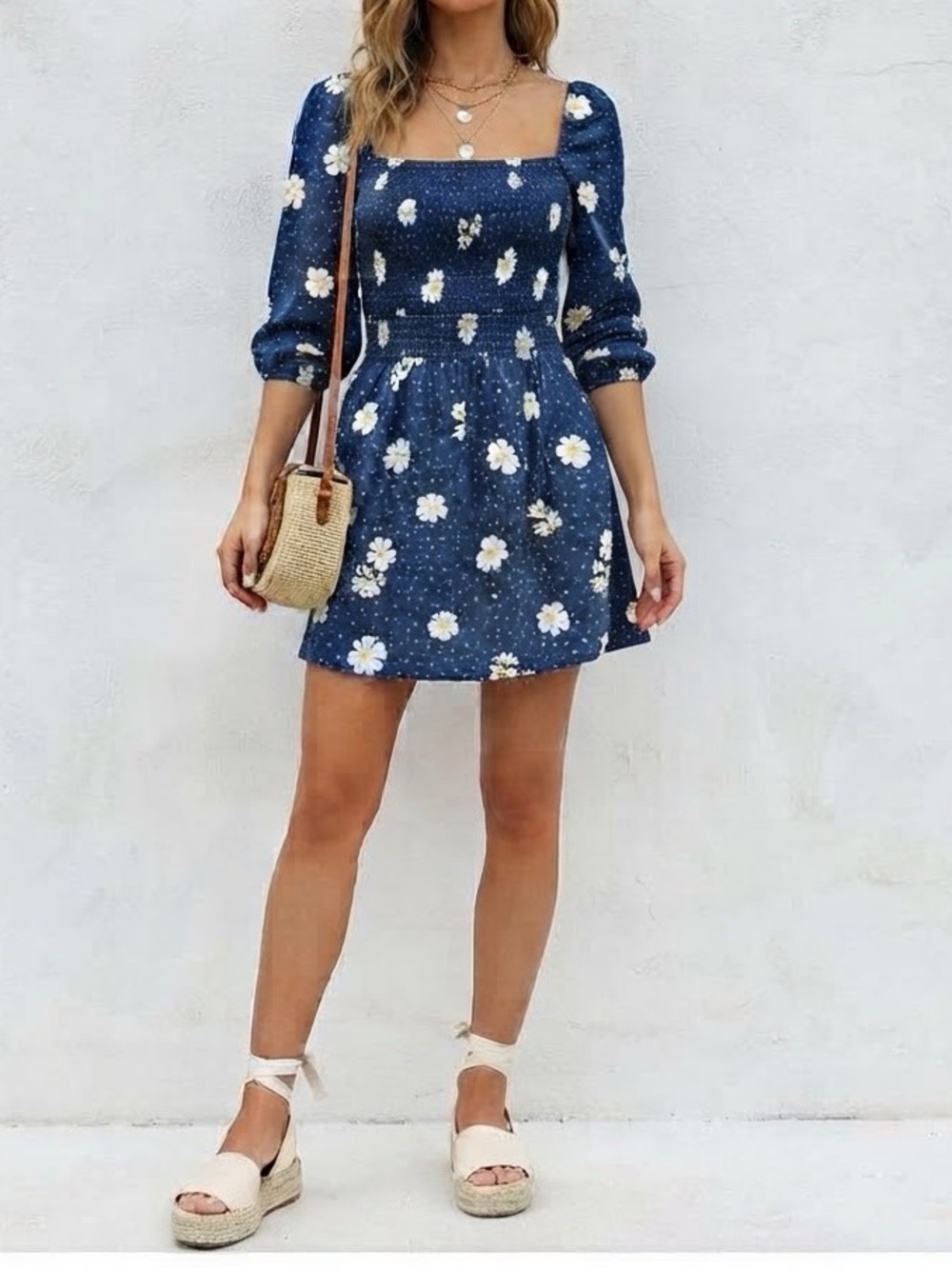 AUW Navy Dress with White Floral Accents